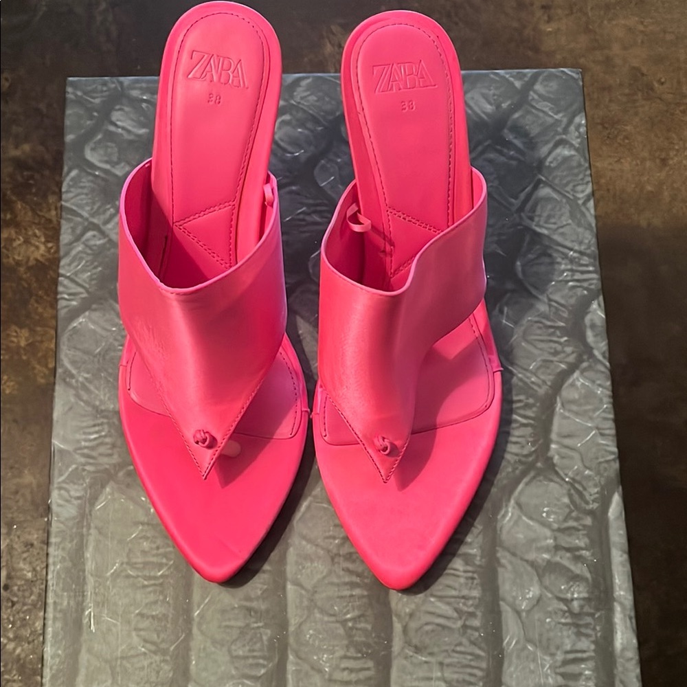 Zara Pink Satin Sandals with Asymmetrical Strap